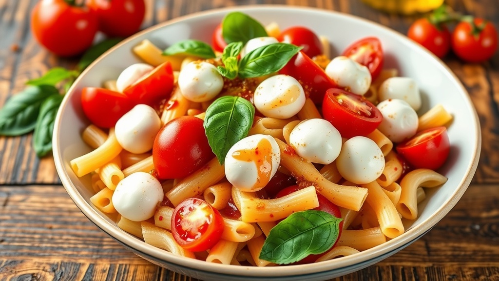 Fresh Caprese Pasta Salad Recipe A bowl of Caprese Pasta Salad with pasta, cherry tomatoes, mozzarella, and basil, drizzled with balsamic glaze.
